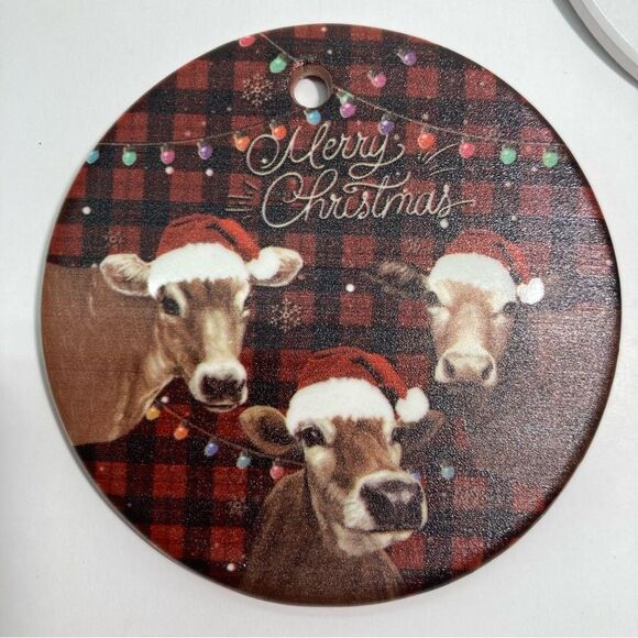 Farmhouse Set of 2 Christmas Ornaments Cows Santa Farm Rustic Holiday Decor New - Picture 2 of 3